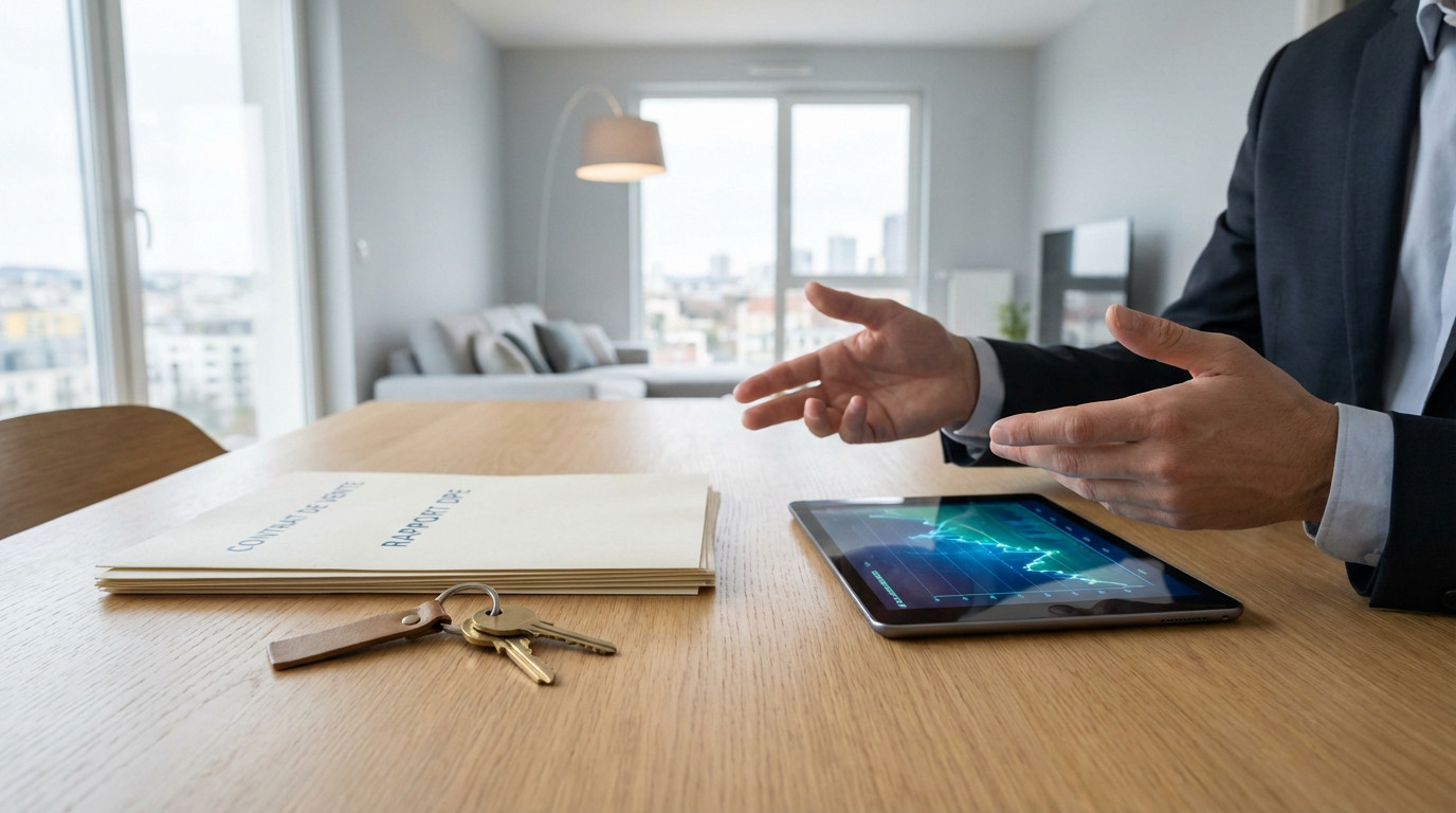 Un homme en costume discute d'immobilier avec documents, clés et une tablette affichant un graphique, dans un intérieur moderne.