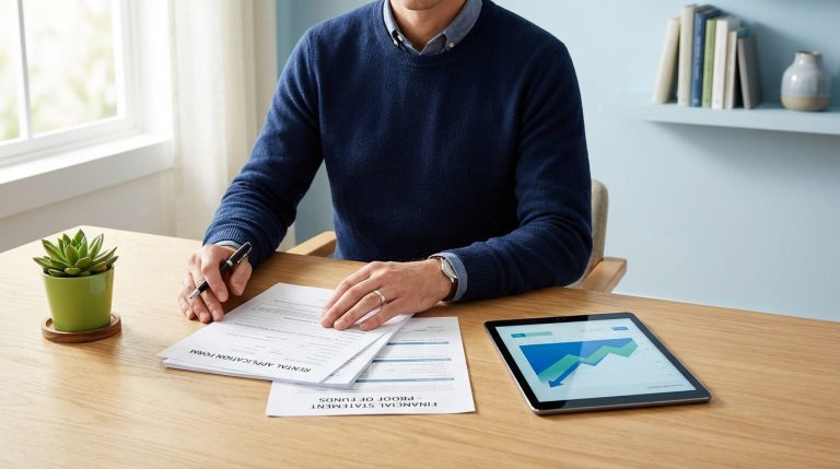 Un homme remplit un formulaire de demande de location et un relevé financier, avec une tablette affichant des graphiques.