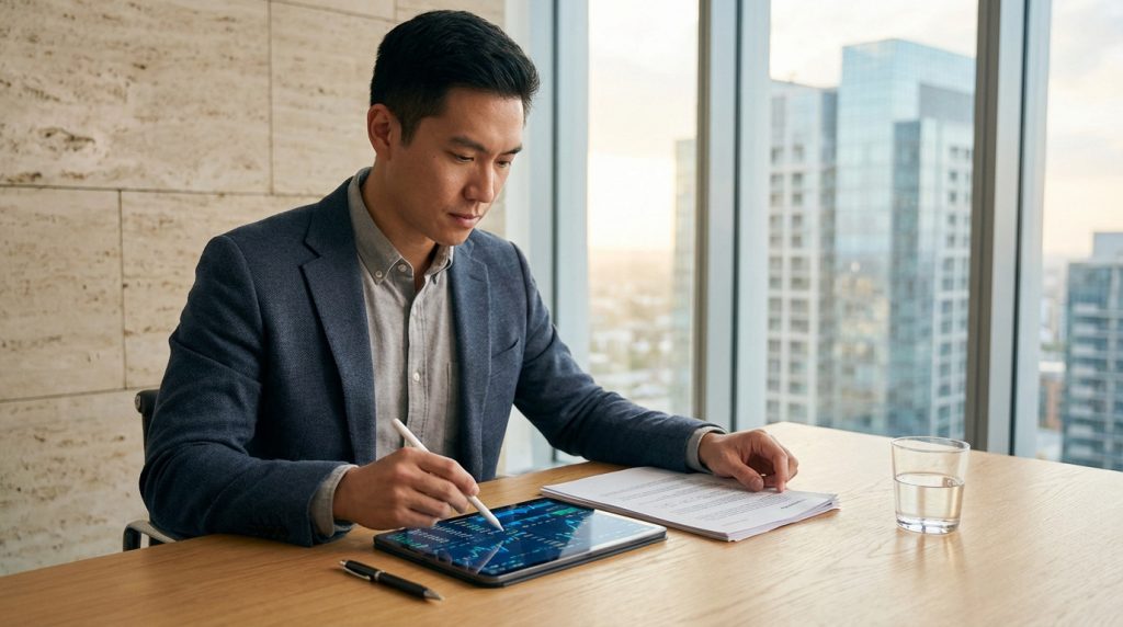 Homme asiatique en blazer analysant des graphiques financiers sur une tablette dans un bureau moderne avec vue sur la ville.