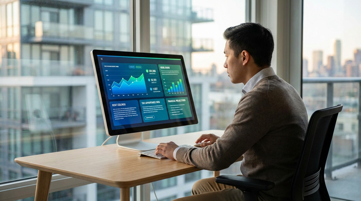 Un homme analyse des données sur un simulateur de loyer Pinel 2026 sur un écran d'ordinateur, devant une fenêtre urbaine.