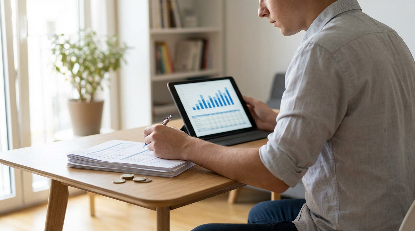 Un homme gère des finances, écrivant sur des documents avec une tablette affichant un graphique de performance et des pièces de monnaie.