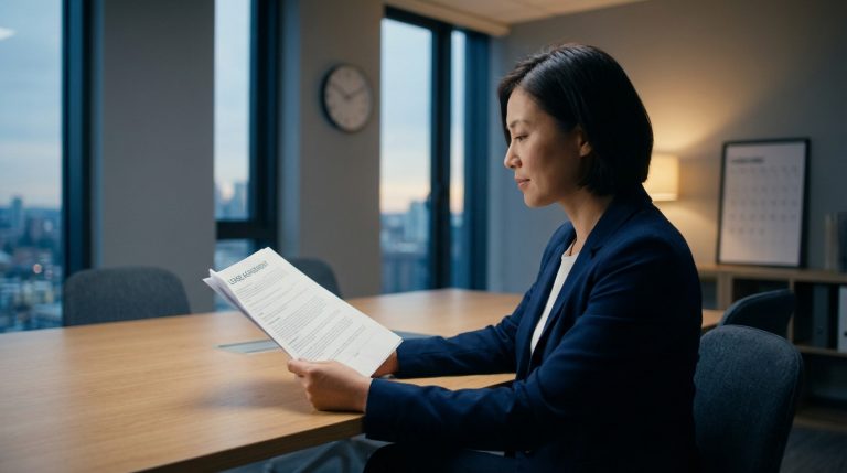 Femme professionnelle lisant un document intitulé "LEASE AGREEMENT" dans un bureau moderne avec vue sur la ville. Elle vérifie les termes du contrat.