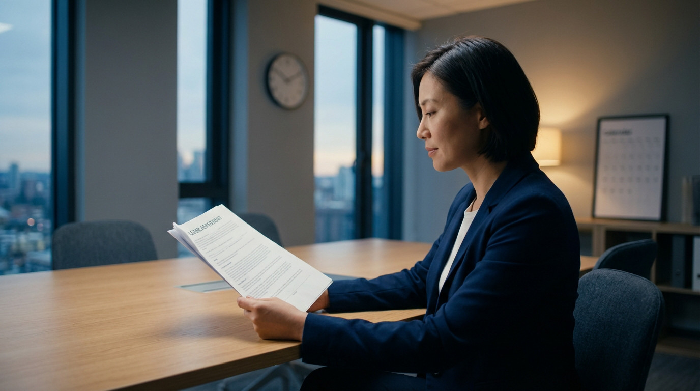 Femme professionnelle lisant un document intitulé "LEASE AGREEMENT" dans un bureau moderne avec vue sur la ville. Elle vérifie les termes du contrat.