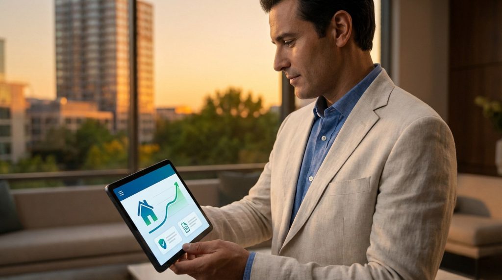 Homme regardant une tablette affichant des données immobilières avec un graphique en hausse, dans un bureau moderne avec vue sur la ville au coucher du soleil.