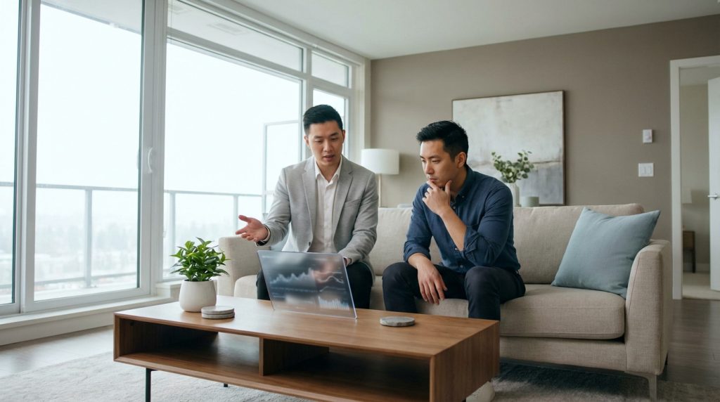 Deux hommes discutent vente immobilière, analysant des données sur un écran transparent dans un salon lumineux.