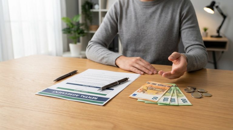 Une personne à un bureau avec un contrat de location, des euros et la main ouverte, évoquant le loyer ou l'assurance.