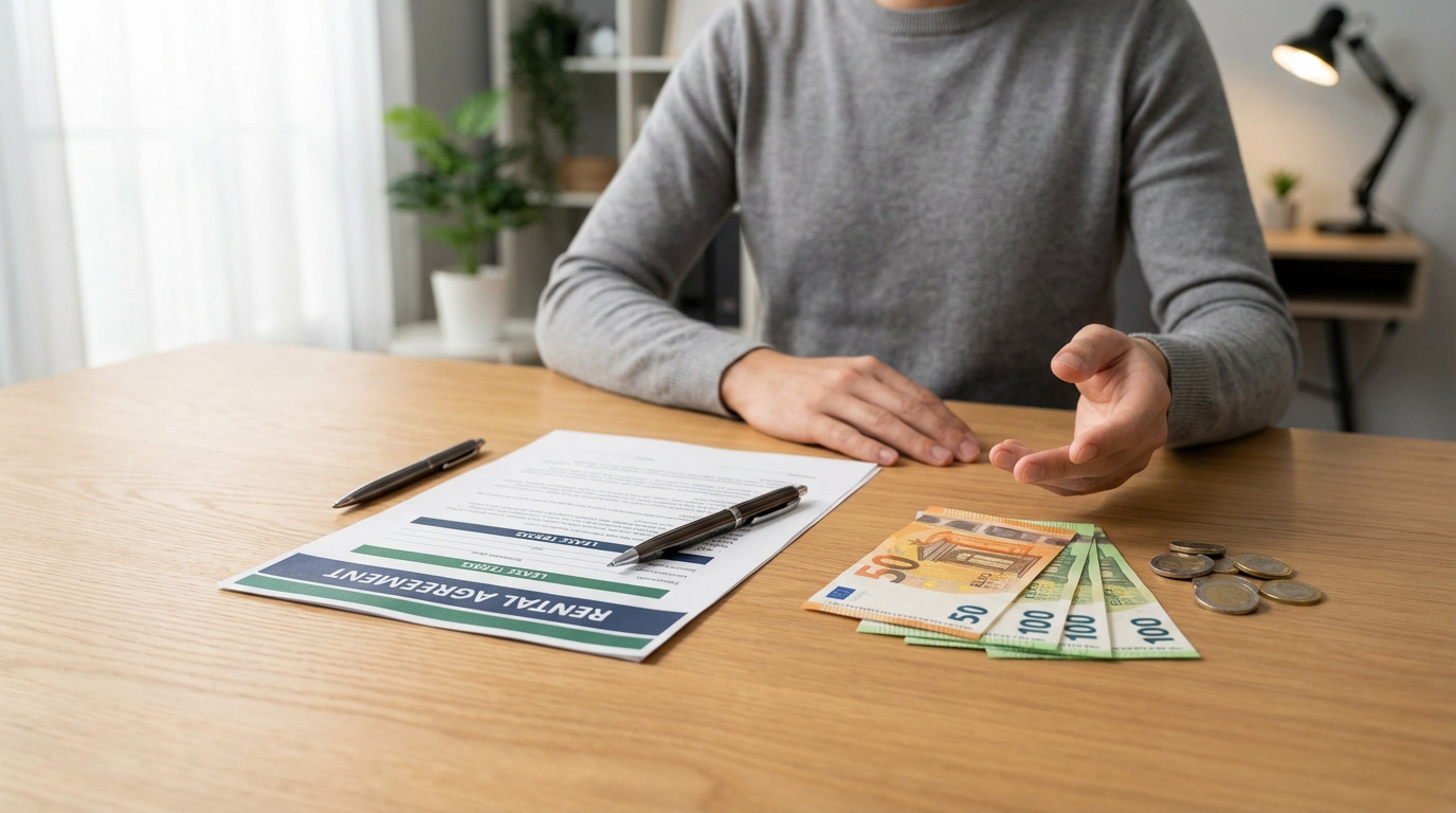 Une personne à un bureau avec un contrat de location, des euros et la main ouverte, évoquant le loyer ou l'assurance.