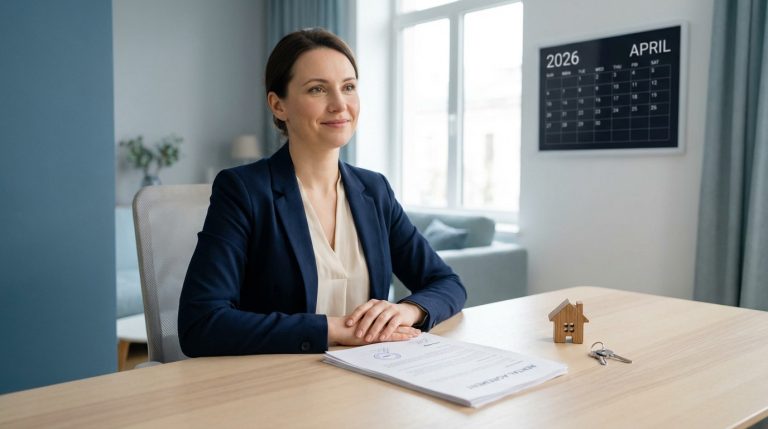 Femme professionnelle souriante assise à un bureau avec documents, une maison miniature et des clés. Calendrier 2026 en arrière-plan.