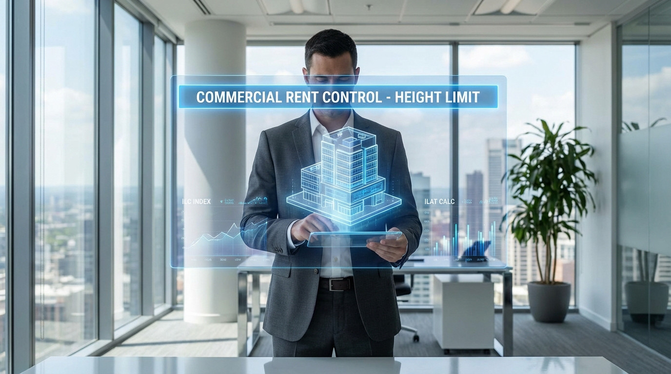 Homme en costume interagissant avec un hologramme 3D de bâtiment et des données de contrôle des loyers commerciaux dans un bureau moderne.