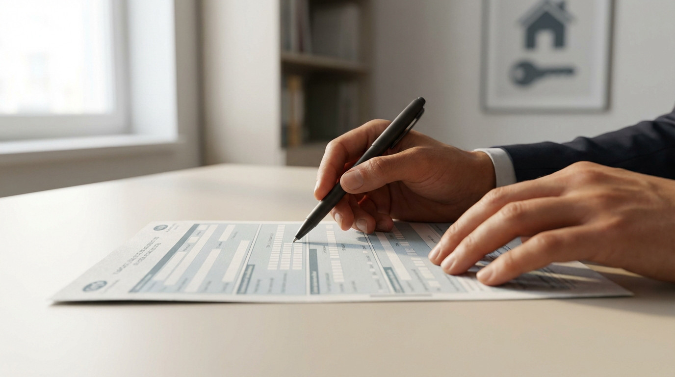 Main d'une personne en costume écrivant sur un document administratif avec un stylo. Icônes de maison et clé en arrière-plan.