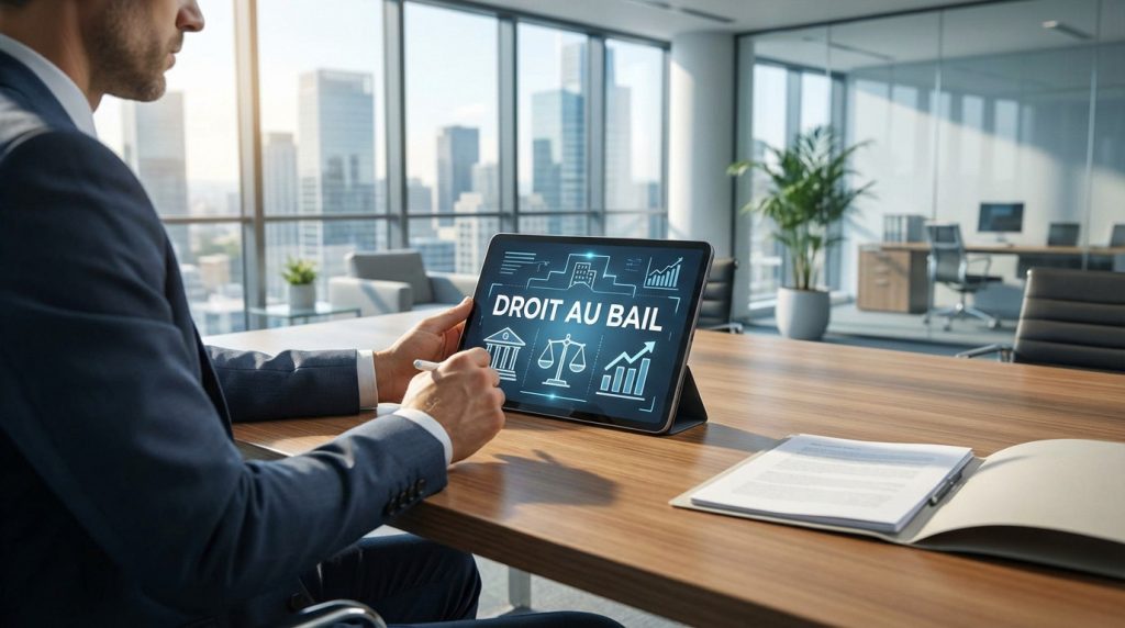 Homme en costume utilisant une tablette affichant "Droit au bail" et icônes légales/financières, dans un bureau moderne.