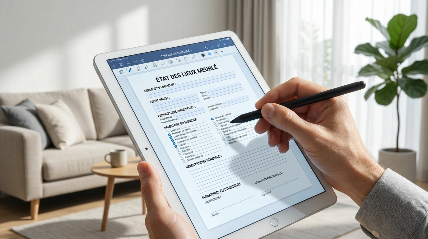 Une personne remplit un formulaire d'état des lieux meublé sur une tablette avec un stylet, dans un salon moderne.