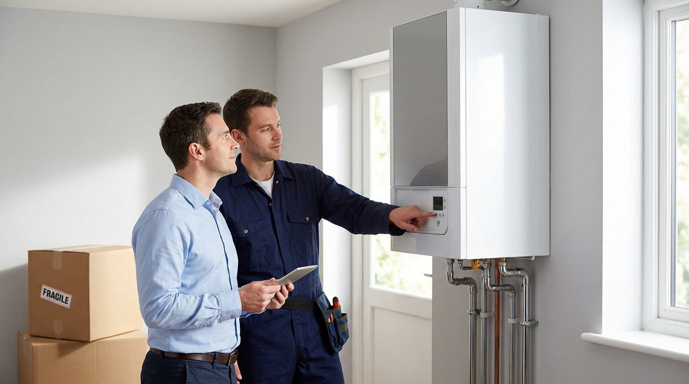 Un technicien en combinaison explique le fonctionnement d'une chaudière murale moderne à un homme en chemise, tenant une tablette.