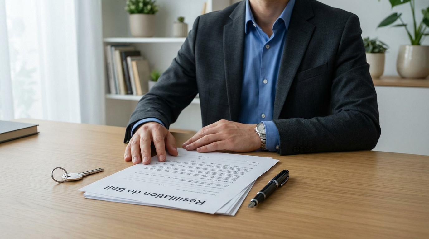 Mains d'une personne sur un document de « Résiliation de Bail » posé sur un bureau en bois, avec une clé et un stylo.