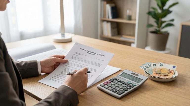 Personne examinant un accord d'indemnité d'occupation, avec une calculatrice et des billets en euros sur un bureau en bois.