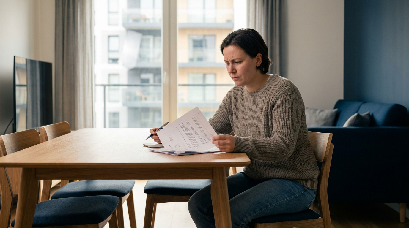 Femme assise à une table en bois, lisant attentivement des documents officiels avec un stylo, l'air pensif. Contexte urbain.