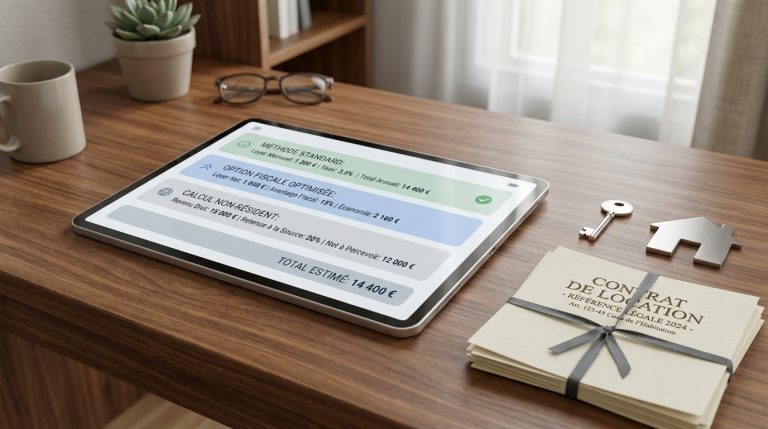 Simulation de calcul de loyer et options fiscales sur tablette, avec contrats de location, clé et maison sur bureau en bois.