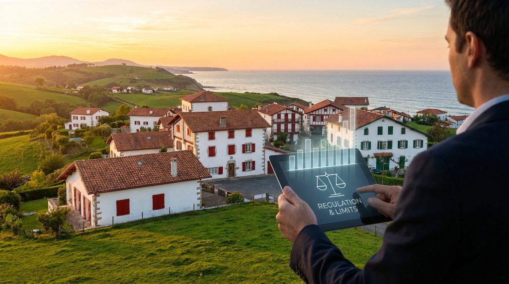 Un homme consulte une tablette affichant "RÉGLEMENTATION & LIMITES" et un graphique, surplombant des maisons basques près de la côte.
