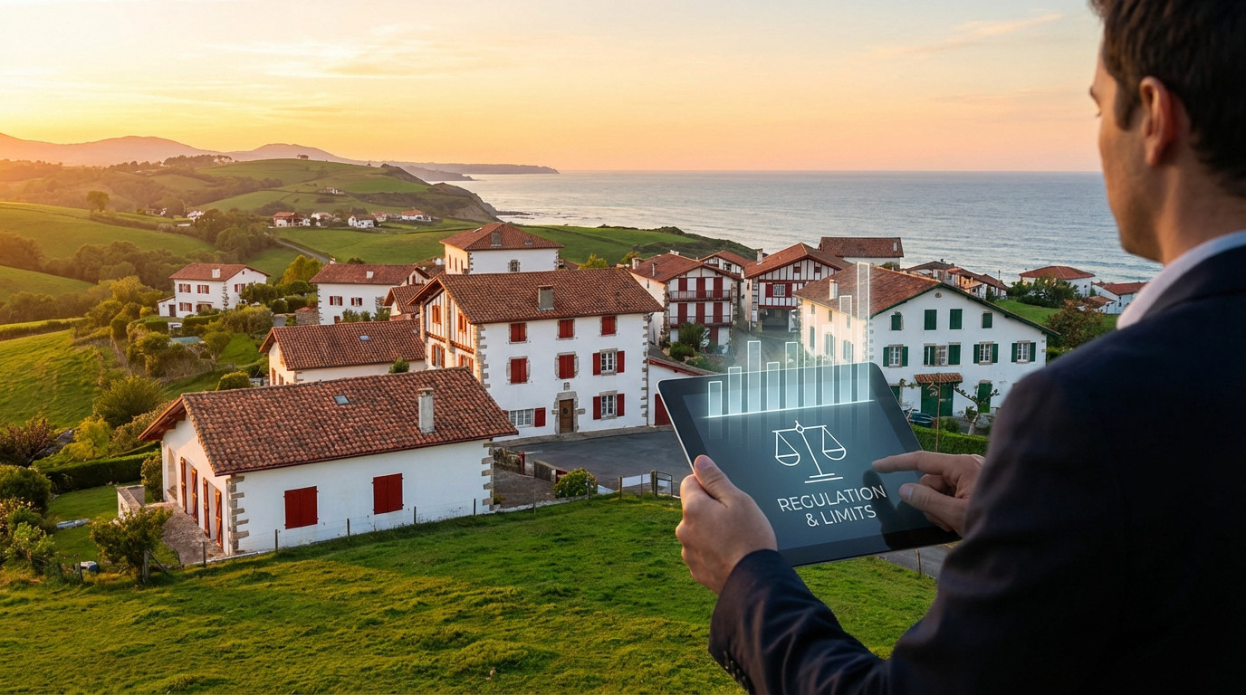 Un homme consulte une tablette affichant "RÉGLEMENTATION & LIMITES" et un graphique, surplombant des maisons basques près de la côte.