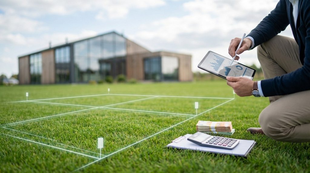 Un homme calcule les coûts de division d'un terrain sur tablette, avec des billets, une calculatrice et une maison moderne.