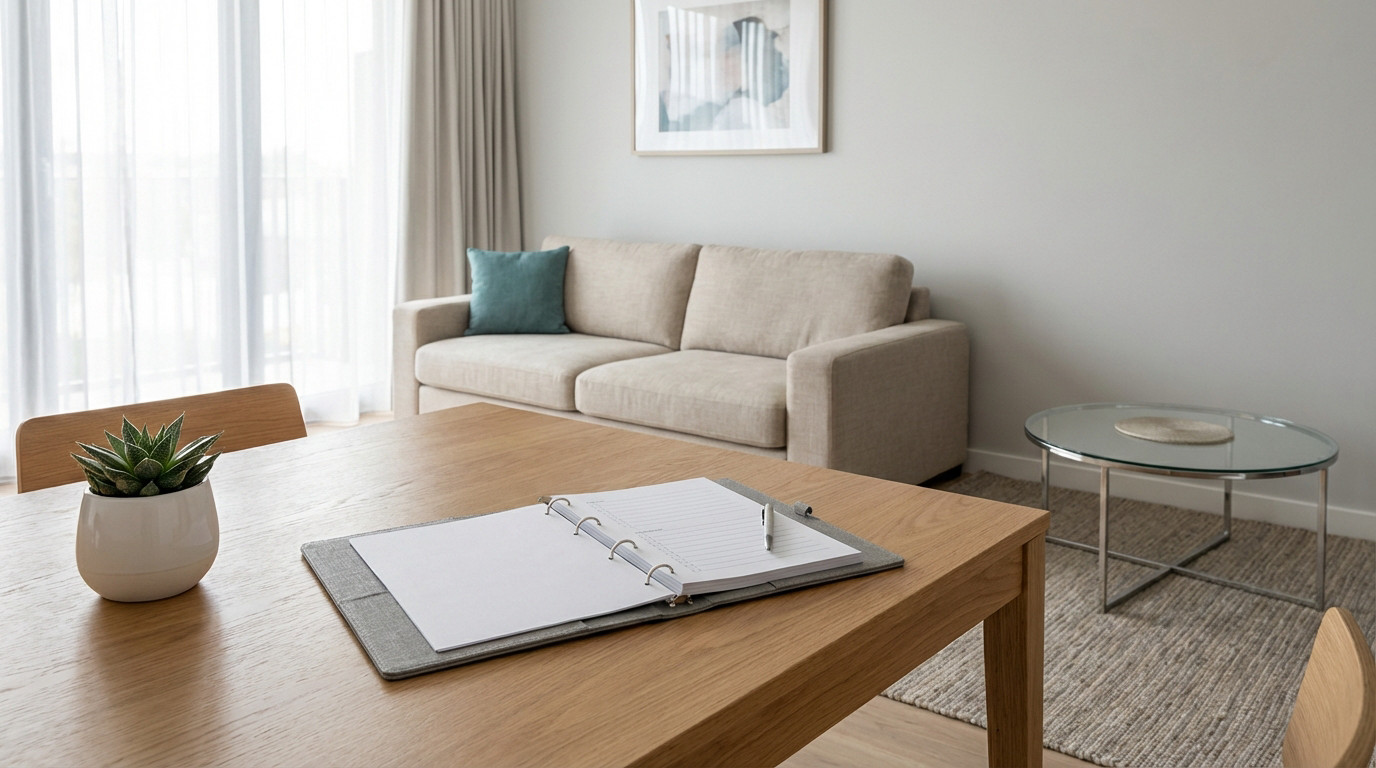 Salon-salle à manger lumineux et meublé avec table en bois, carnet, plante, canapé beige et table basse en verre.