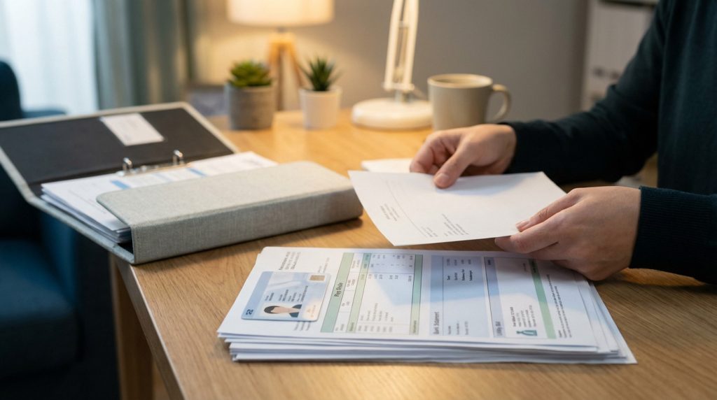Personne organisant des documents (fiches de paie, relevés bancaires, pièce d'identité) sur un bureau, préparant un dossier de garant.