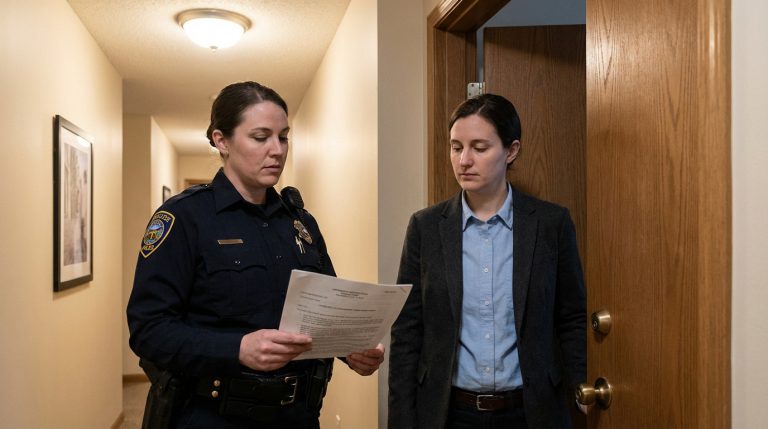 Une policière en uniforme lit un document à une femme l'air préoccupé dans un couloir, suggérant une procédure d'expulsion.