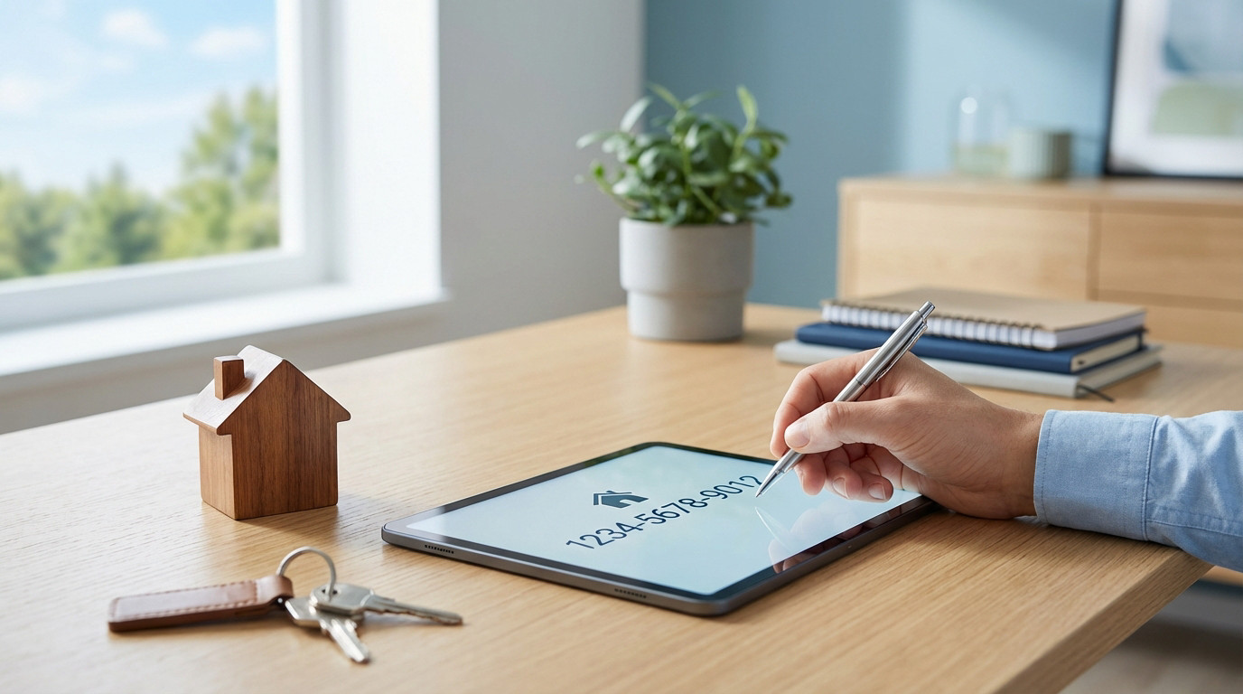 Main utilisant un stylet sur une tablette affichant un identifiant de logement, avec une maison en bois et des clés sur une table.