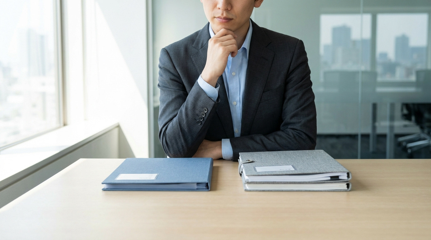 Homme d'affaires en costume réfléchissant, main sur le menton, devant des dossiers sur un bureau moderne.