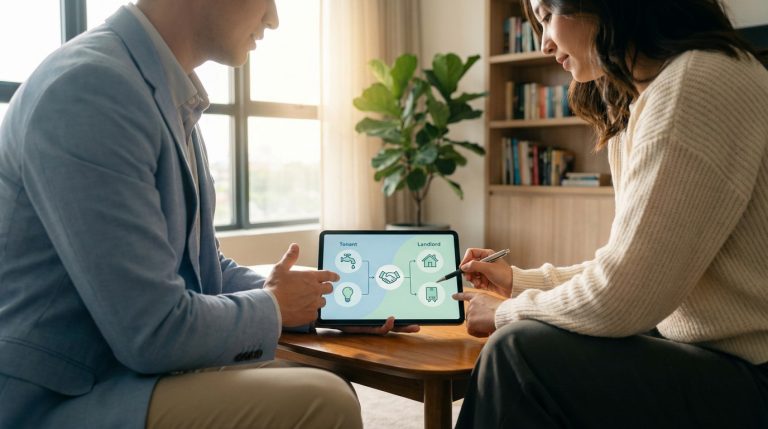Deux personnes regardent une tablette affichant un schéma des responsabilités bailleur-locataire. L'une pointe l'écran.