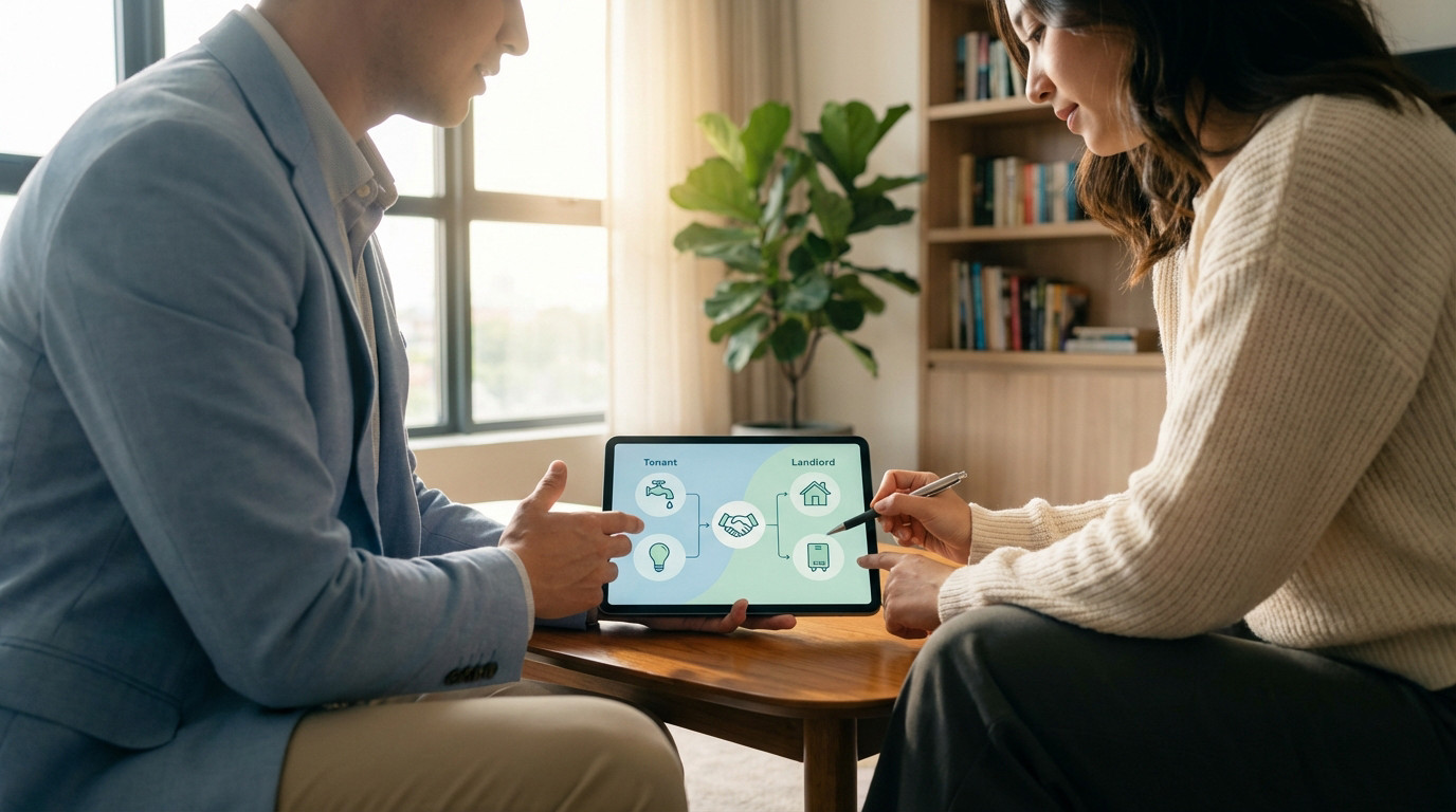 Deux personnes regardent une tablette affichant un schéma des responsabilités bailleur-locataire. L'une pointe l'écran.