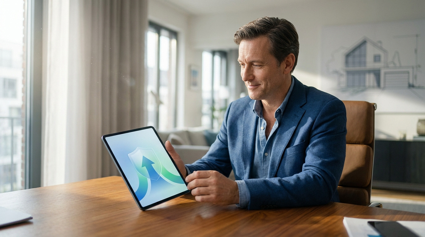 Homme souriant en blazer bleu tenant une tablette affichant un bouclier et une flèche de croissance, symbolisant la sécurité des revenus fonciers.