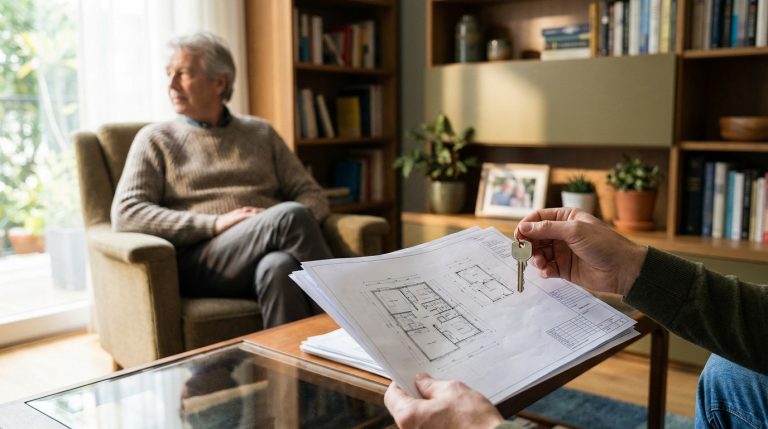 Main tenant une clé et des plans de maison. Un homme âgé est assis dans un fauteuil en arrière-plan, dans un salon.