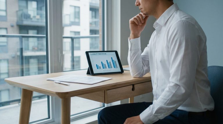 Un homme examine des graphiques de seuils d'éligibilité Pinel sur une tablette, posée sur un bureau avec des documents, dans un cadre urbain.
