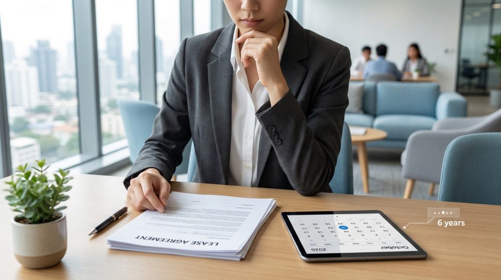 Femme réfléchissant devant un contrat de bail et un calendrier, symbolisant la résiliation ou le renouvellement d'un bail professionnel de 6 ans.