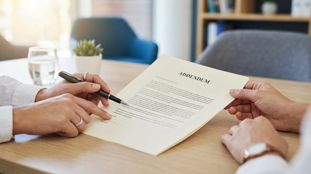 Gros plan sur des mains examinant un document "ADDENDUM", l'une pointant une ligne de signature. Représente la modification d'un contrat de bail.