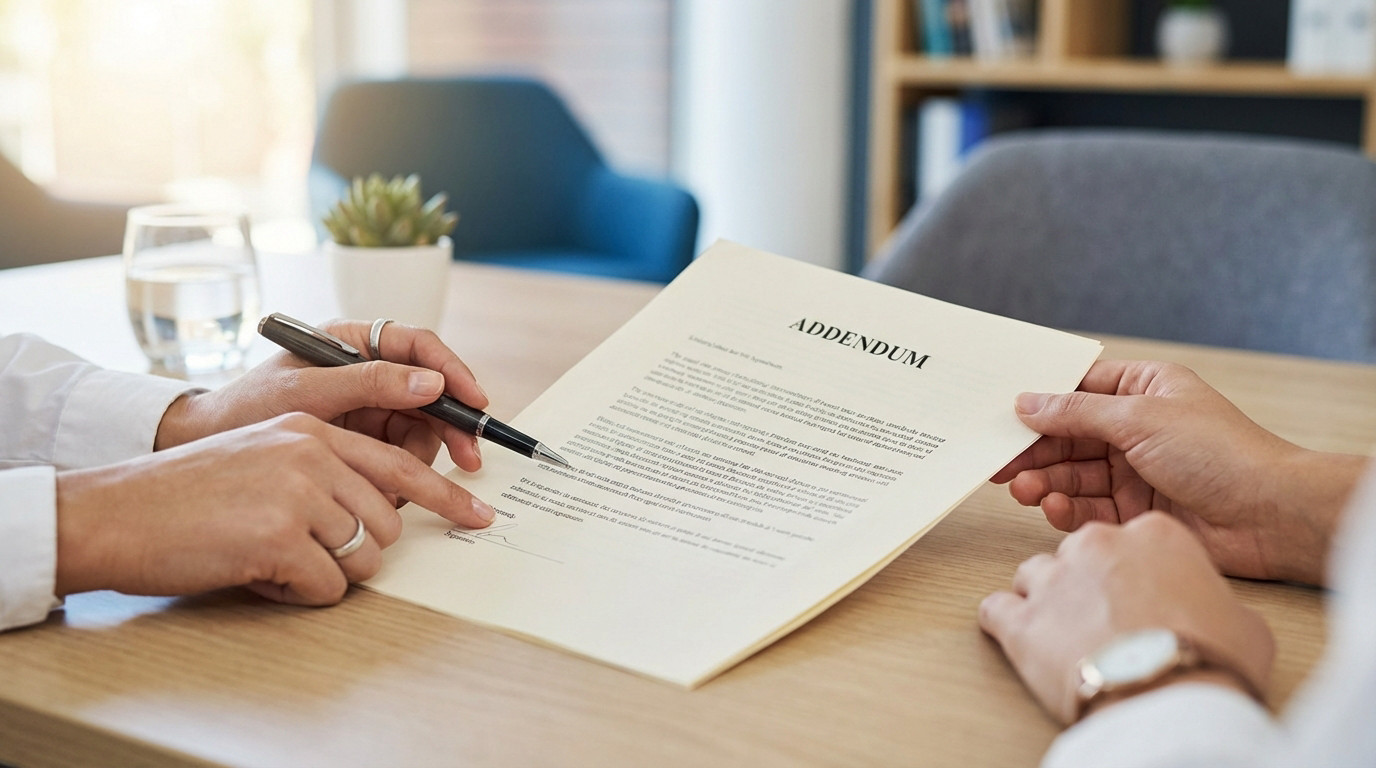 Gros plan sur des mains examinant un document "ADDENDUM", l'une pointant une ligne de signature. Représente la modification d'un contrat de bail.