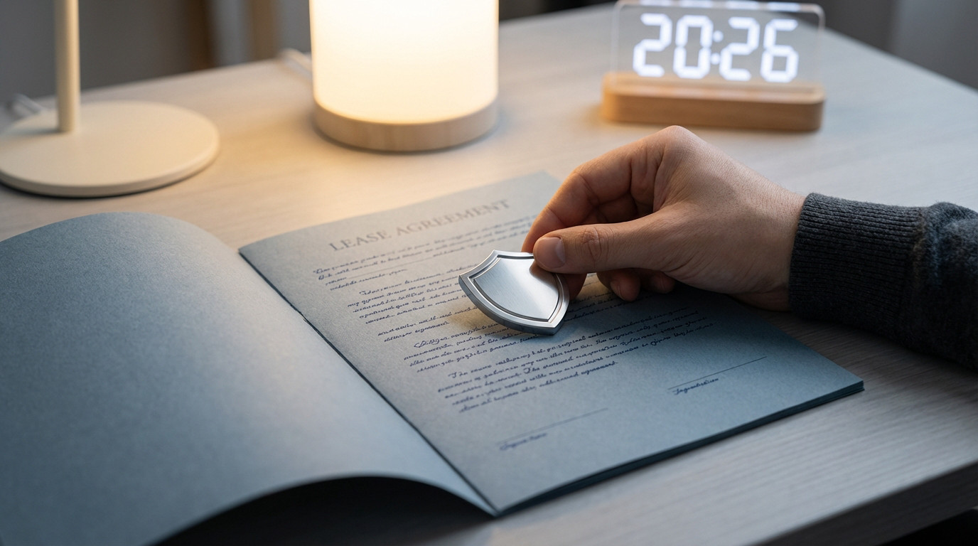 Une main tient un bouclier en métal au-dessus d'un contrat de bail intitulé 'LEASE AGREEMENT', sur une table avec une lampe et une horloge numérique.