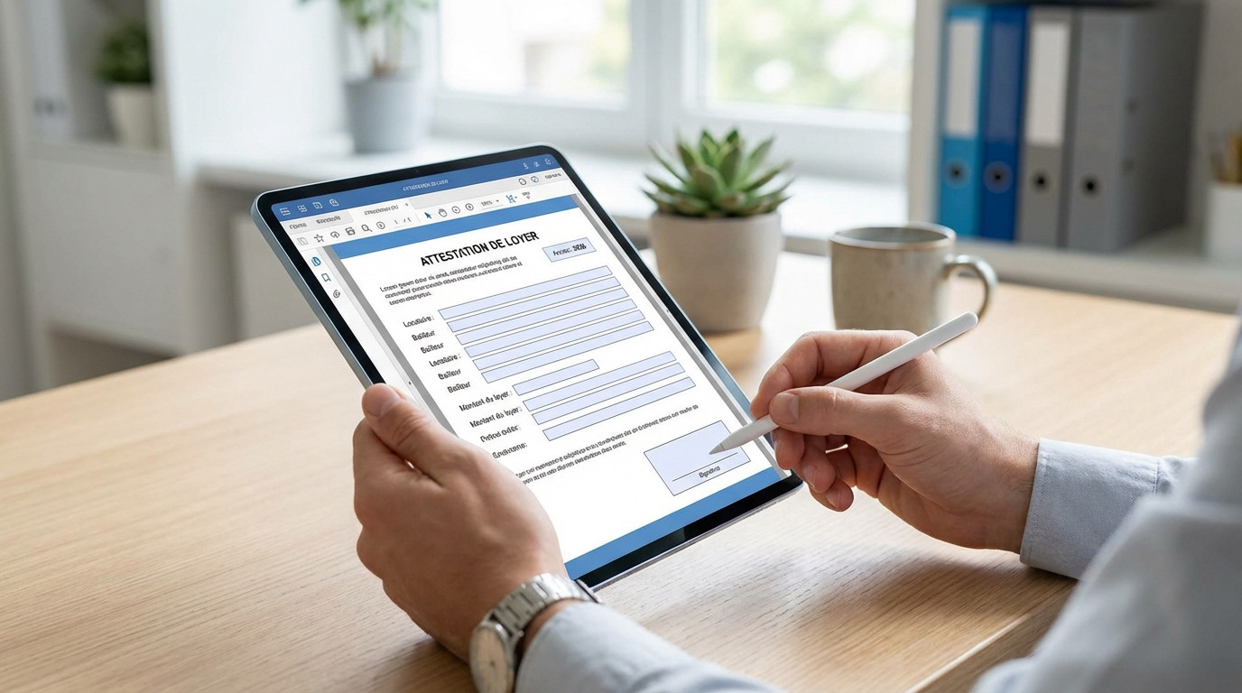 Une personne remplit une attestation de loyer numérique sur une tablette tactile avec un stylet, dans un bureau lumineux.