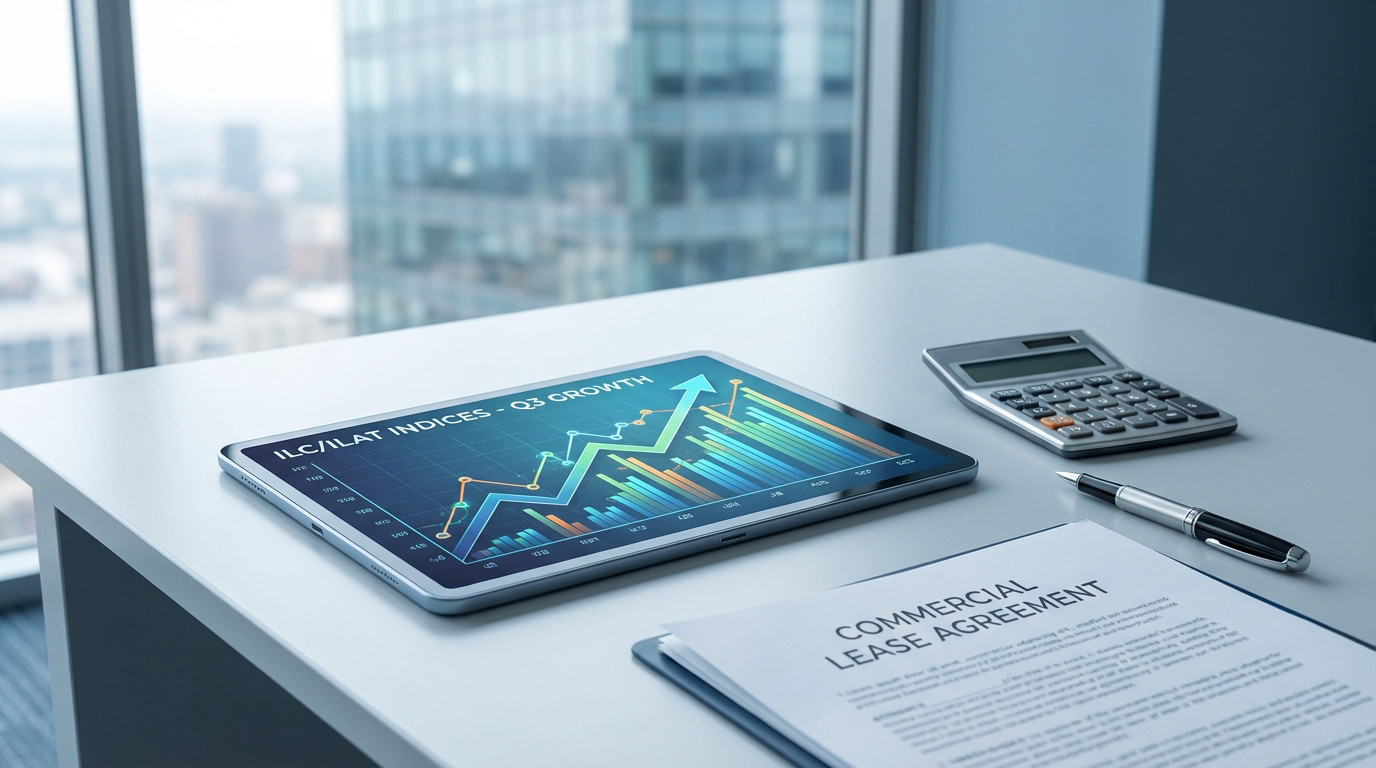 Tablette affichant les indices ILC/ILAT en croissance, calculatrice et contrat de bail commercial sur un bureau d'entreprise.