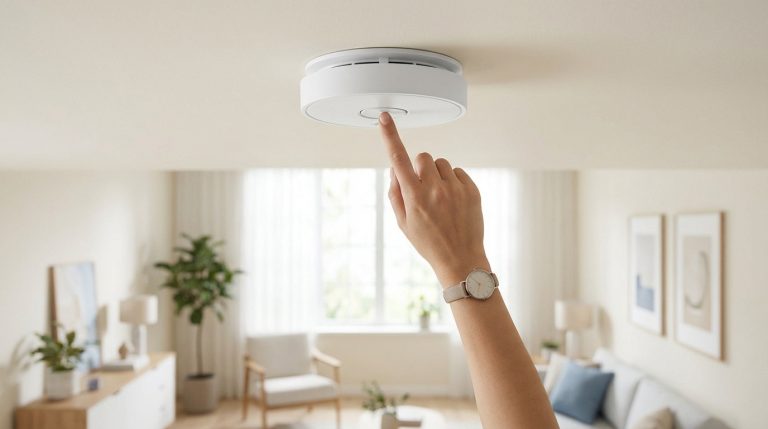 Une main avec une montre appuie sur un détecteur de fumée blanc moderne au plafond d'un salon lumineux.