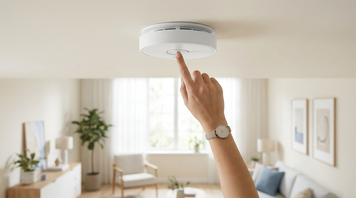 Une main avec une montre appuie sur un détecteur de fumée blanc moderne au plafond d'un salon lumineux.