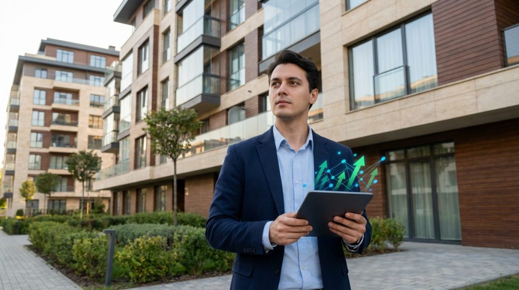 Homme en costume tenant une tablette affichant des graphiques de croissance devant des immeubles modernes et verdure.