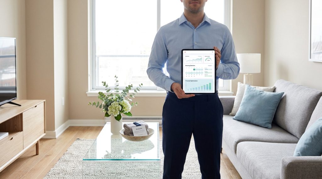 Un homme en tenue professionnelle présente une tablette affichant des données de location dans un salon moderne.